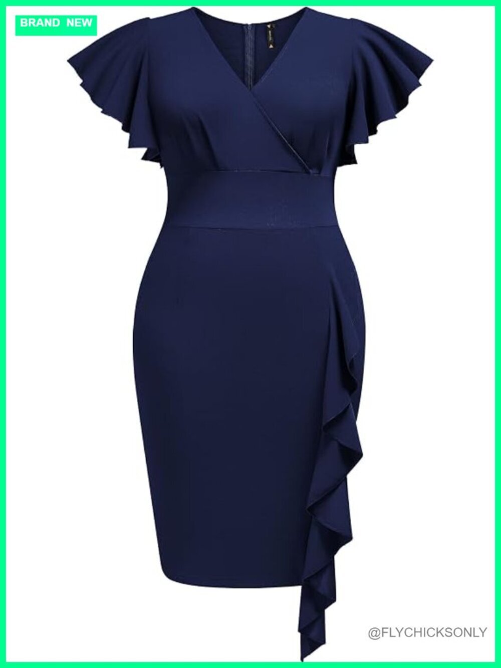 Plus Size Vintage V Neck Ruffles Sleeve Bodycon Pencil Dress